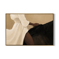 A Hand Knows Midnight — Woman and Black Horse Detail Painting | Retro Modern Horizontal Wall Art – brown and black and gold retro modern fashion art, horizontal hand-painted canvas art – view 1
