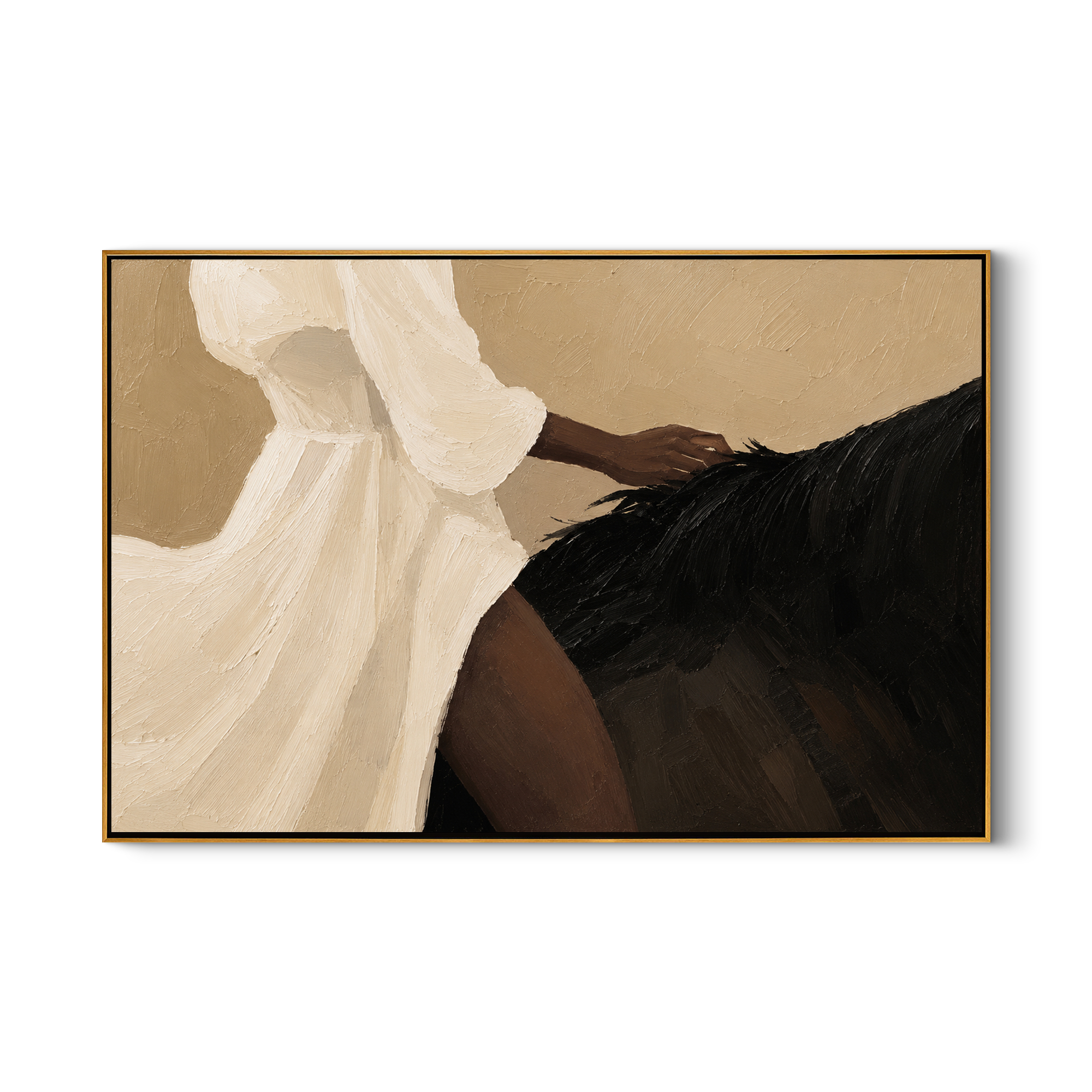 A Hand Knows Midnight — Woman and Black Horse Detail Painting | Retro Modern Horizontal Wall Art – brown and black and gold retro modern fashion art, horizontal hand-painted canvas art – view 1