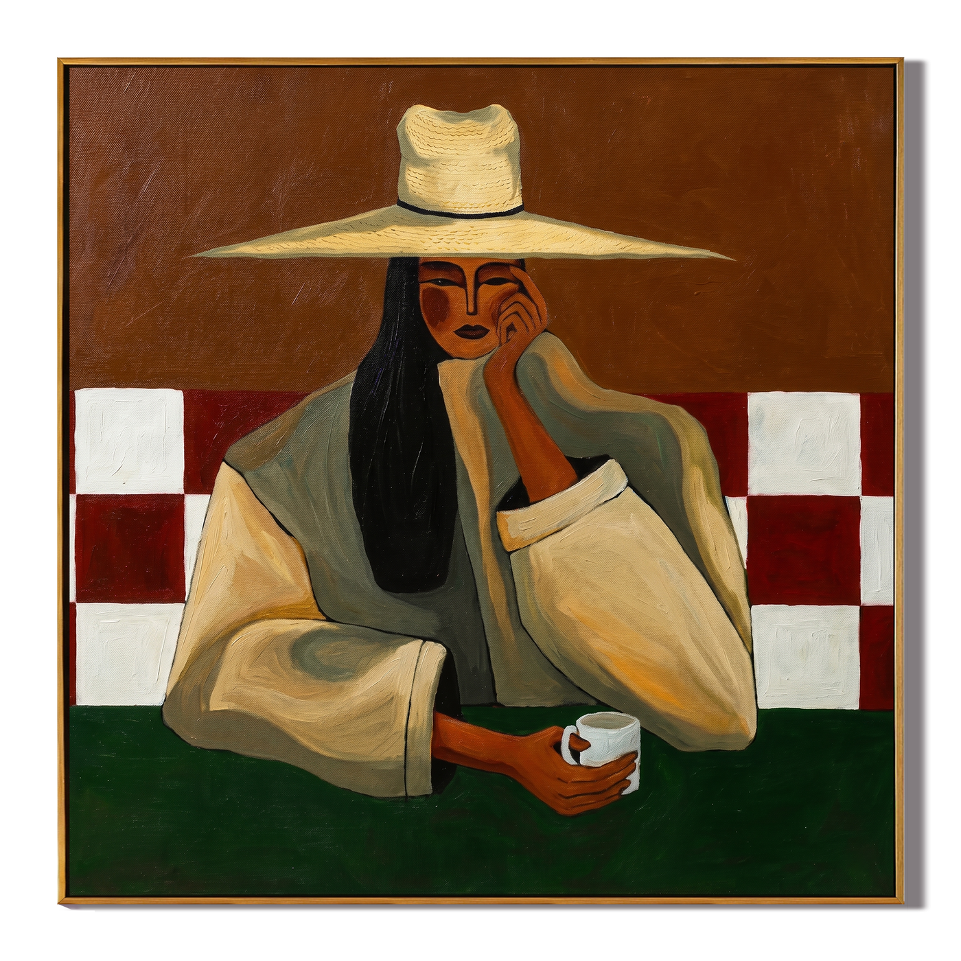 Red Tiles Hold Secrets — Wide-Hat Café Woman Painting | Retro Modern Square Wall Art – brown and black retro modern fashion art, square hand-painted canvas art – view 1