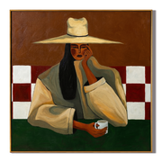 Red Tiles Hold Secrets — Wide-Hat Café Woman Painting | Retro Modern Square Wall Art – brown and black retro modern fashion art, square hand-painted canvas art – view 1