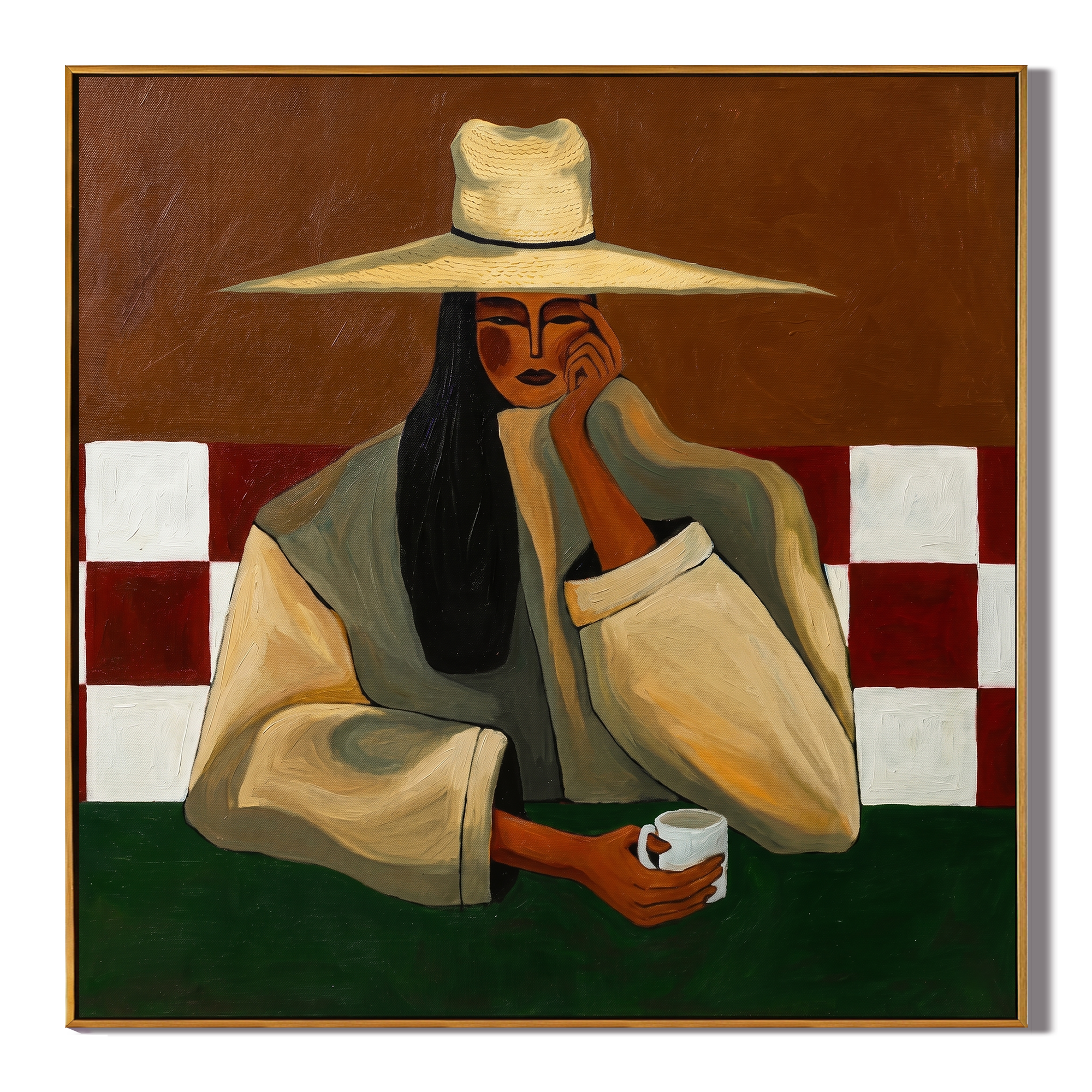 Red Tiles Hold Secrets — Wide-Hat Café Woman Painting | Retro Modern Square Wall Art – brown and black retro modern fashion art, square hand-painted canvas art – view 1