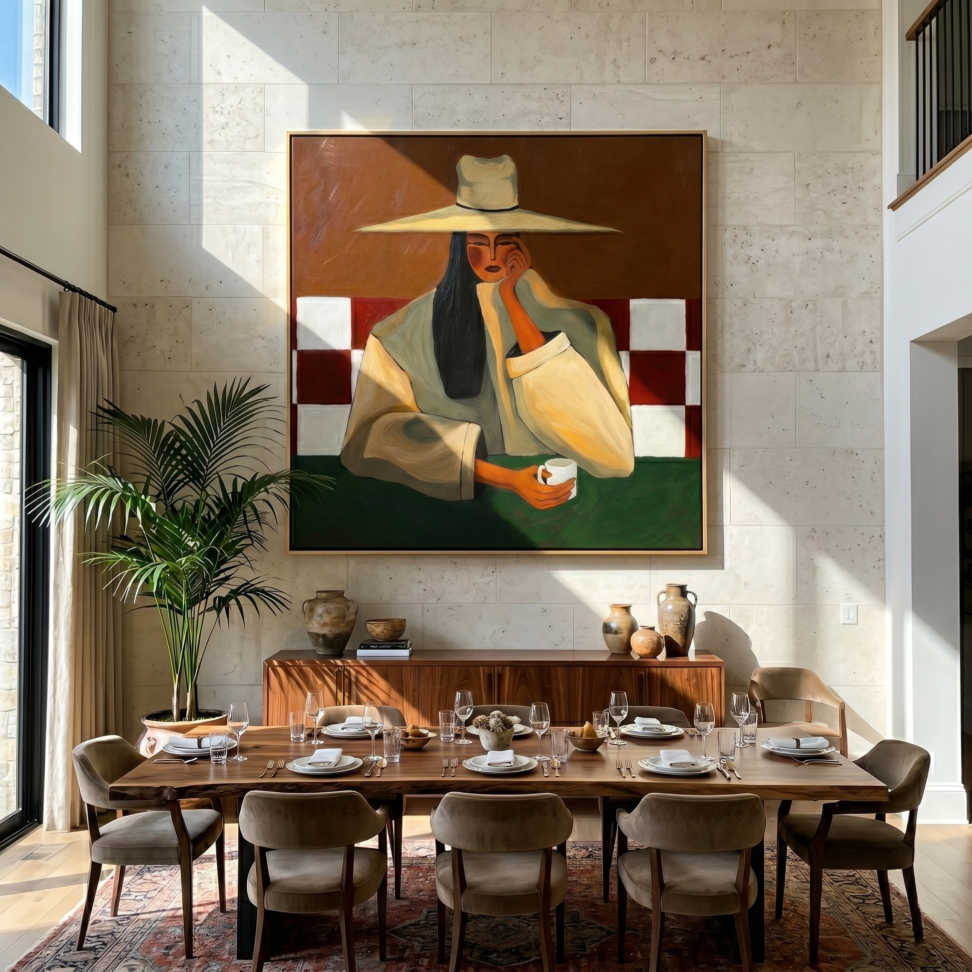 Red Tiles Hold Secrets — Wide-Hat Café Woman Painting | Retro Modern Square Wall Art – brown and black retro modern fashion art, square hand-painted canvas art – view 6