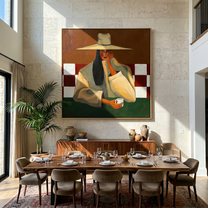 Red Tiles Hold Secrets — Wide-Hat Café Woman Painting | Retro Modern Square Wall Art – brown and black retro modern fashion art, square hand-painted canvas art – view 6