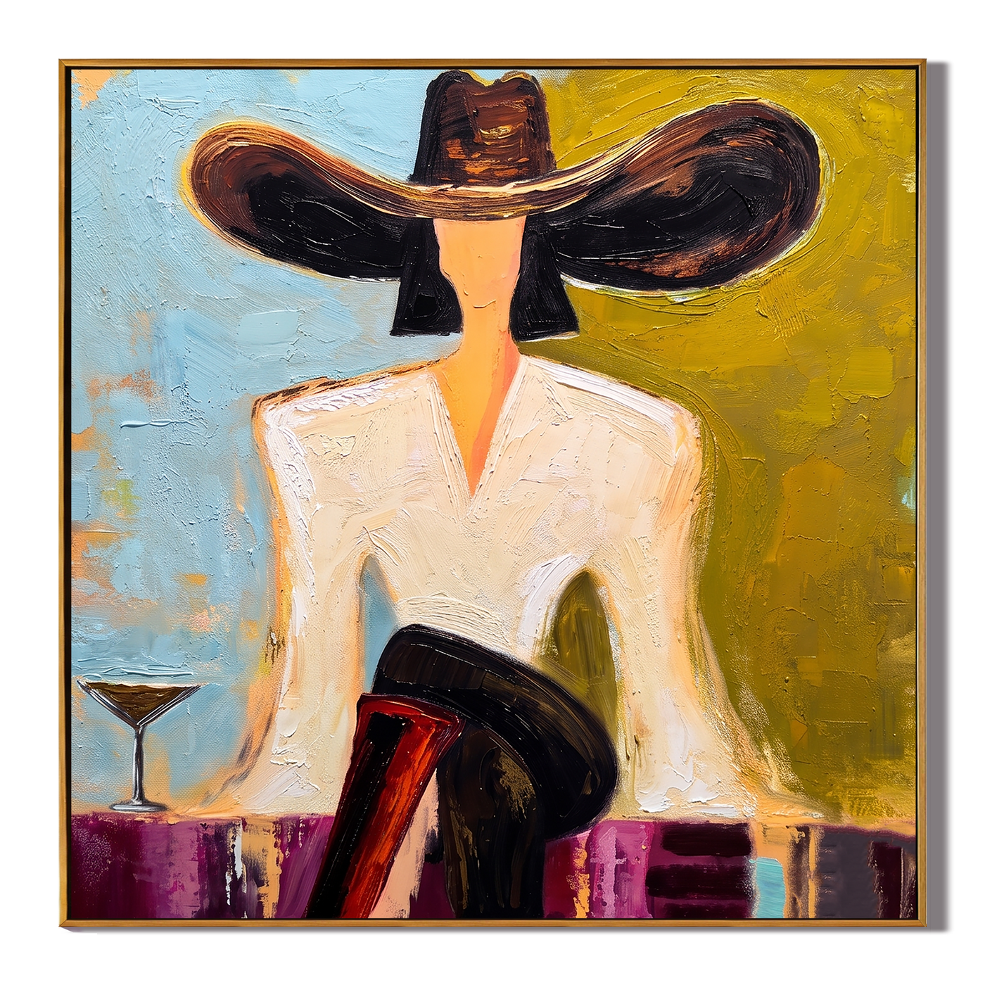 Black Brim Orders Color — Martini Fashion Figure Painting | Retro Modern Square Wall Art – brown and gold retro modern fashion art, square hand-painted canvas art – view 1