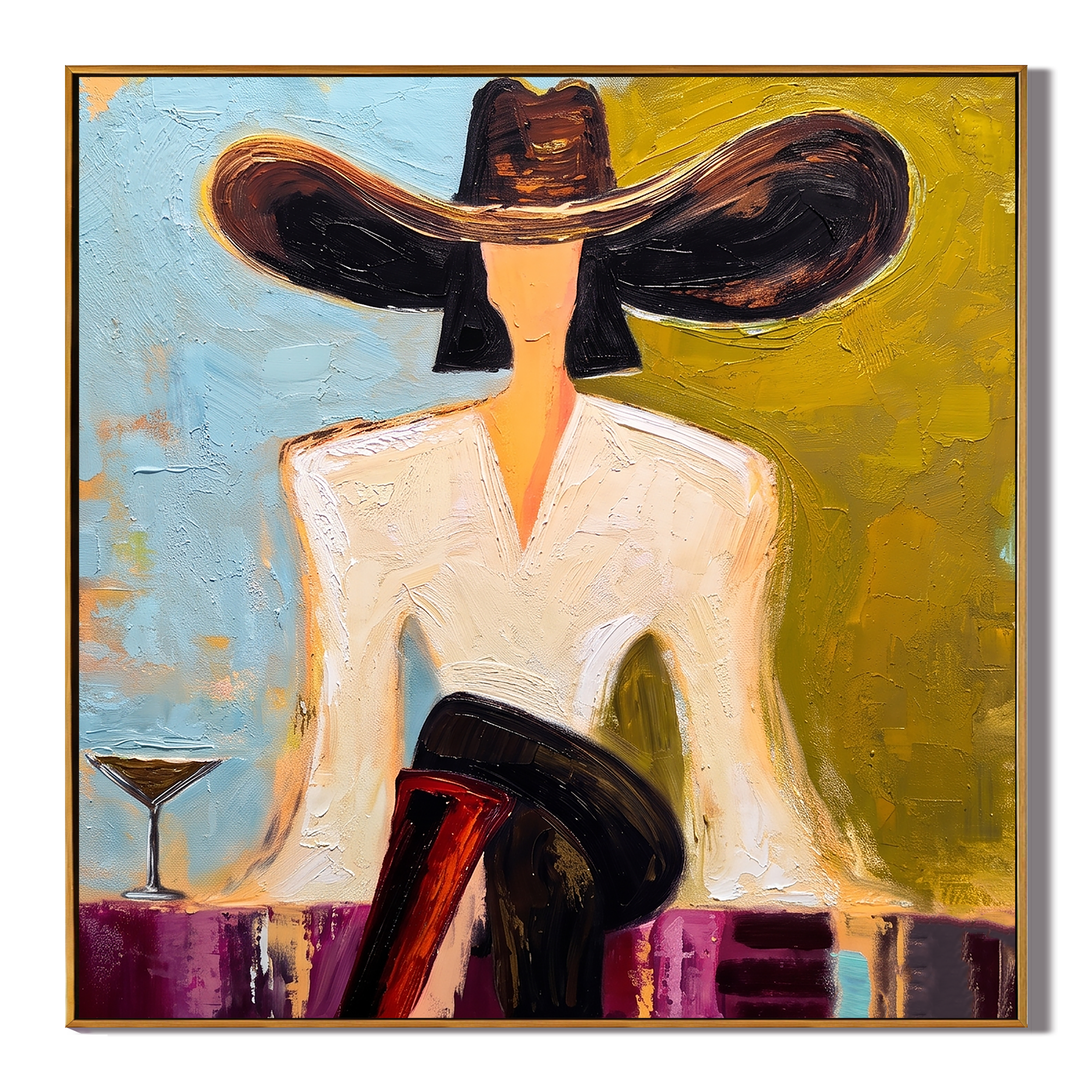 Black Brim Orders Color — Martini Fashion Figure Painting | Retro Modern Square Wall Art – brown and gold retro modern fashion art, square hand-painted canvas art – view 1