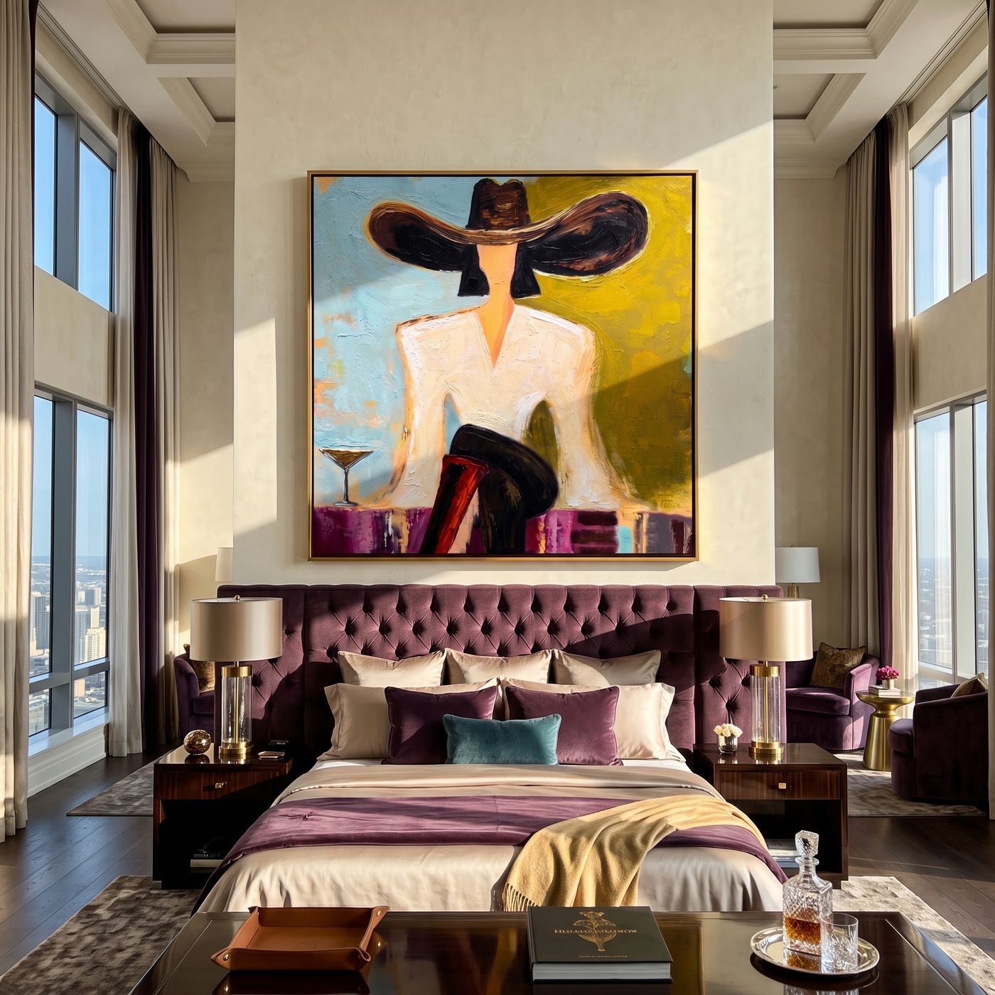 Black Brim Orders Color — Martini Fashion Figure Painting | Retro Modern Square Wall Art – brown and gold retro modern fashion art, square hand-painted canvas art – view 2