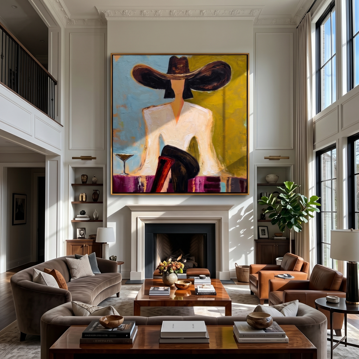 Black Brim Orders Color — Martini Fashion Figure Painting | Retro Modern Square Wall Art – brown and gold retro modern fashion art, square hand-painted canvas art – view 3