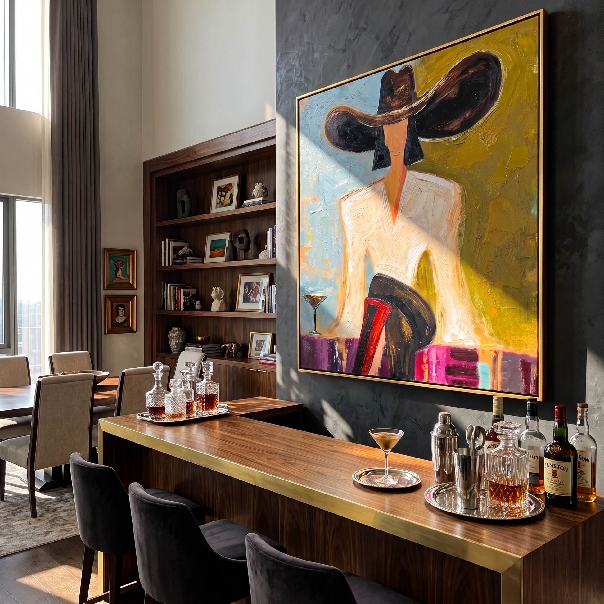 Black Brim Orders Color — Martini Fashion Figure Painting | Retro Modern Square Wall Art – brown and gold retro modern fashion art, square hand-painted canvas art – view 5