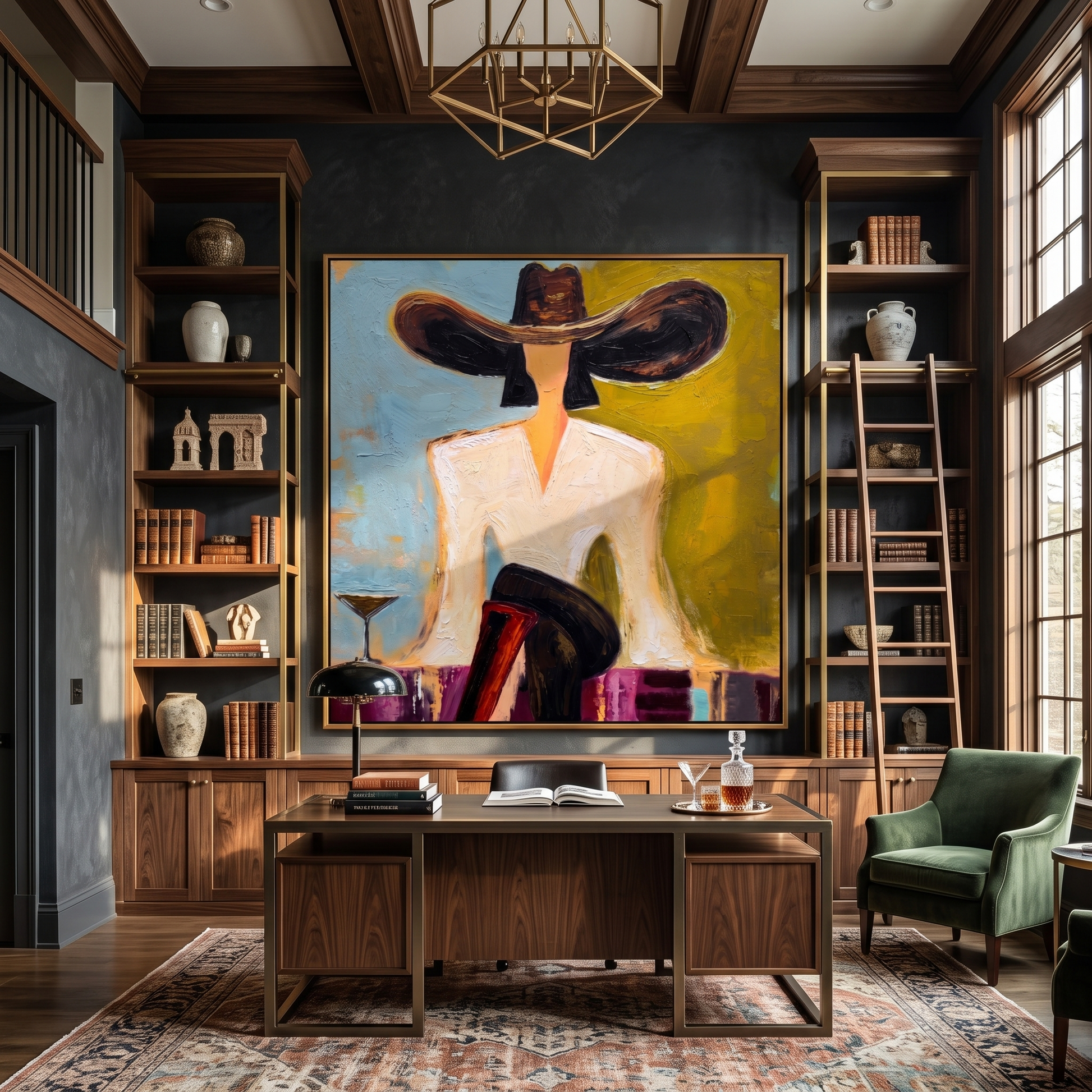 Black Brim Orders Color — Martini Fashion Figure Painting | Retro Modern Square Wall Art – brown and gold retro modern fashion art, square hand-painted canvas art – view 6