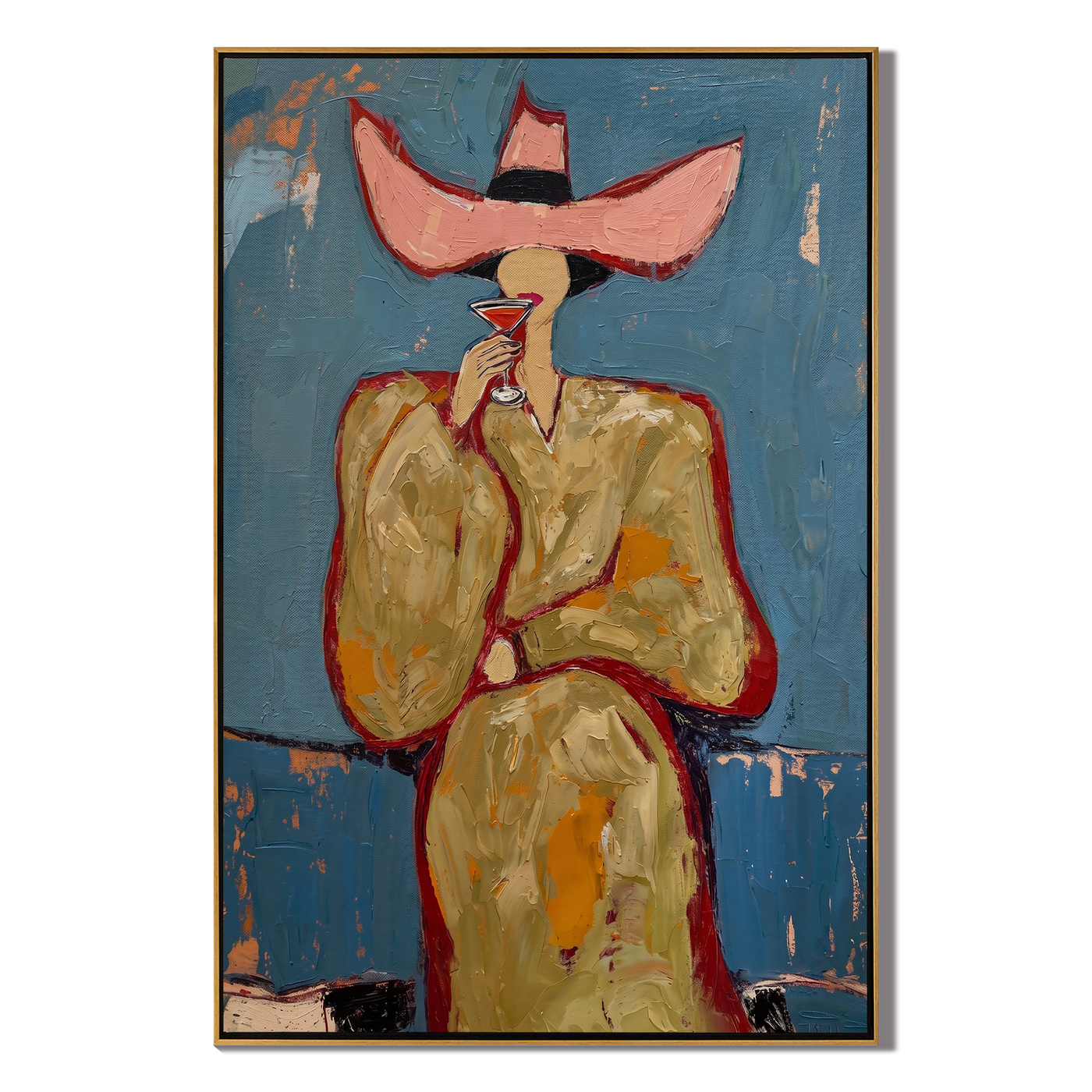 Pink Hat Sips Blue — Pink-Hat Cocktail Woman Painting | Retro Modern Vertical Wall Art – blue and brown and gold retro modern fashion art, vertical hand-painted canvas art – view 1