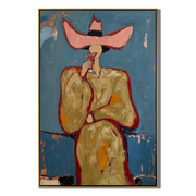 Pink Hat Sips Blue — Pink-Hat Cocktail Woman Painting | Retro Modern Vertical Wall Art – blue and brown and gold retro modern fashion art, vertical hand-painted canvas art – view 1