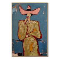 Pink Hat Sips Blue — Pink-Hat Cocktail Woman Painting | Retro Modern Vertical Wall Art – blue and brown and gold retro modern fashion art, vertical hand-painted canvas art – view 1