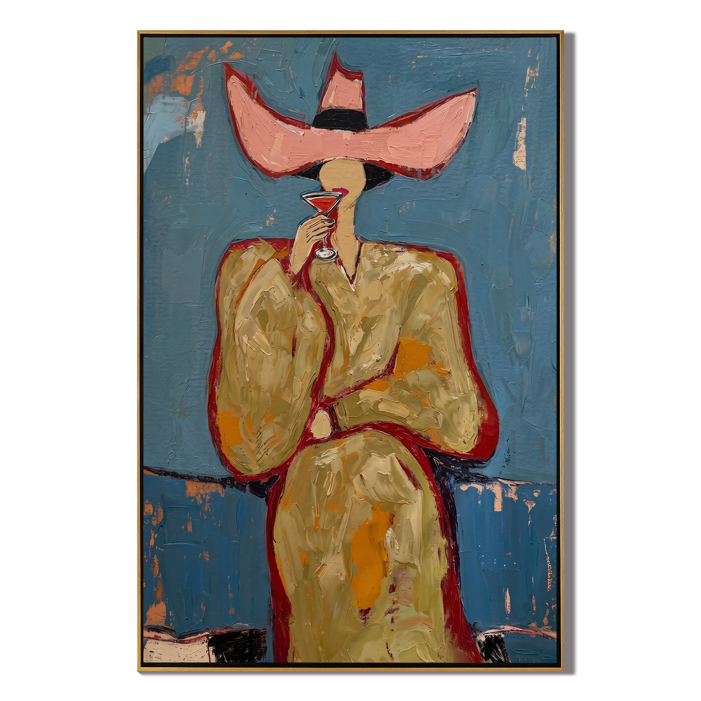 Pink Hat Sips Blue — Pink-Hat Cocktail Woman Painting | Retro Modern Vertical Wall Art – blue and brown and gold retro modern fashion art, vertical hand-painted canvas art – view 1