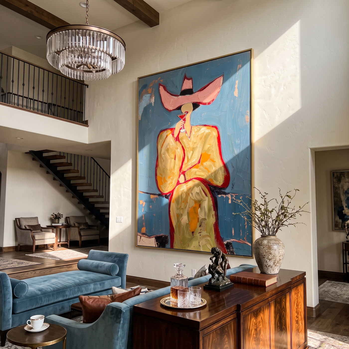Pink Hat Sips Blue — Pink-Hat Cocktail Woman Painting | Retro Modern Vertical Wall Art – blue and brown and gold retro modern fashion art, vertical hand-painted canvas art – view 2