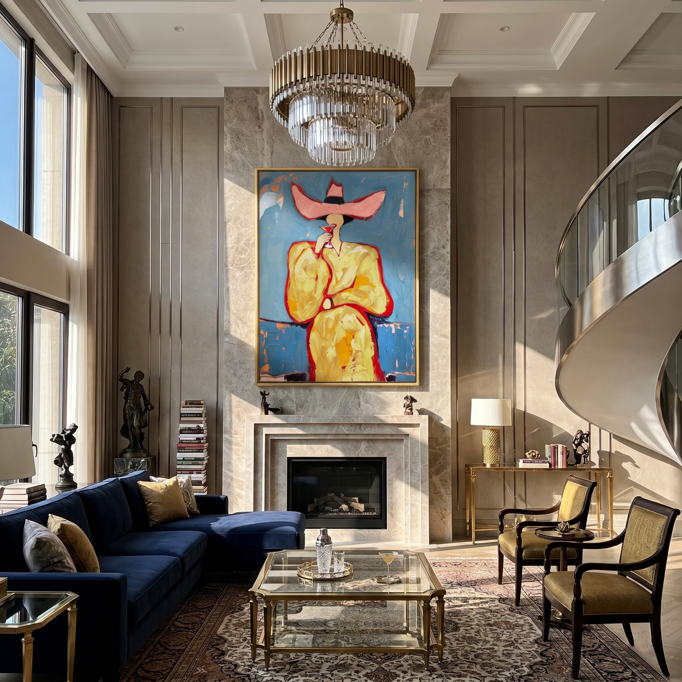 Pink Hat Sips Blue — Pink-Hat Cocktail Woman Painting | Retro Modern Vertical Wall Art – blue and brown and gold retro modern fashion art, vertical hand-painted canvas art – view 3