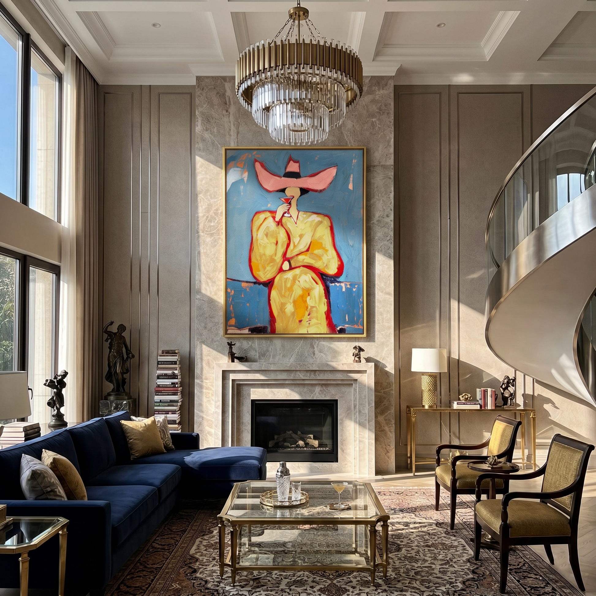 Pink Hat Sips Blue — Pink-Hat Cocktail Woman Painting | Retro Modern Vertical Wall Art – blue and brown and gold retro modern fashion art, vertical hand-painted canvas art – view 3