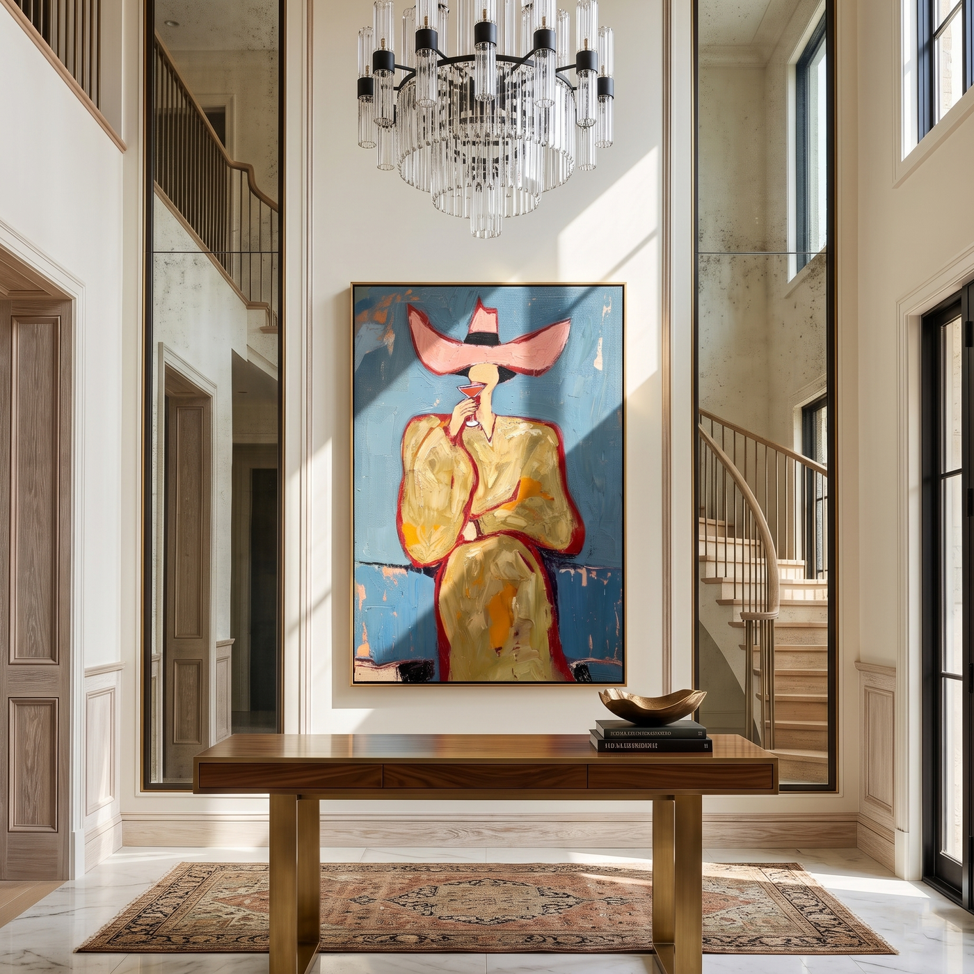 Pink Hat Sips Blue — Pink-Hat Cocktail Woman Painting | Retro Modern Vertical Wall Art – blue and brown and gold retro modern fashion art, vertical hand-painted canvas art – view 4