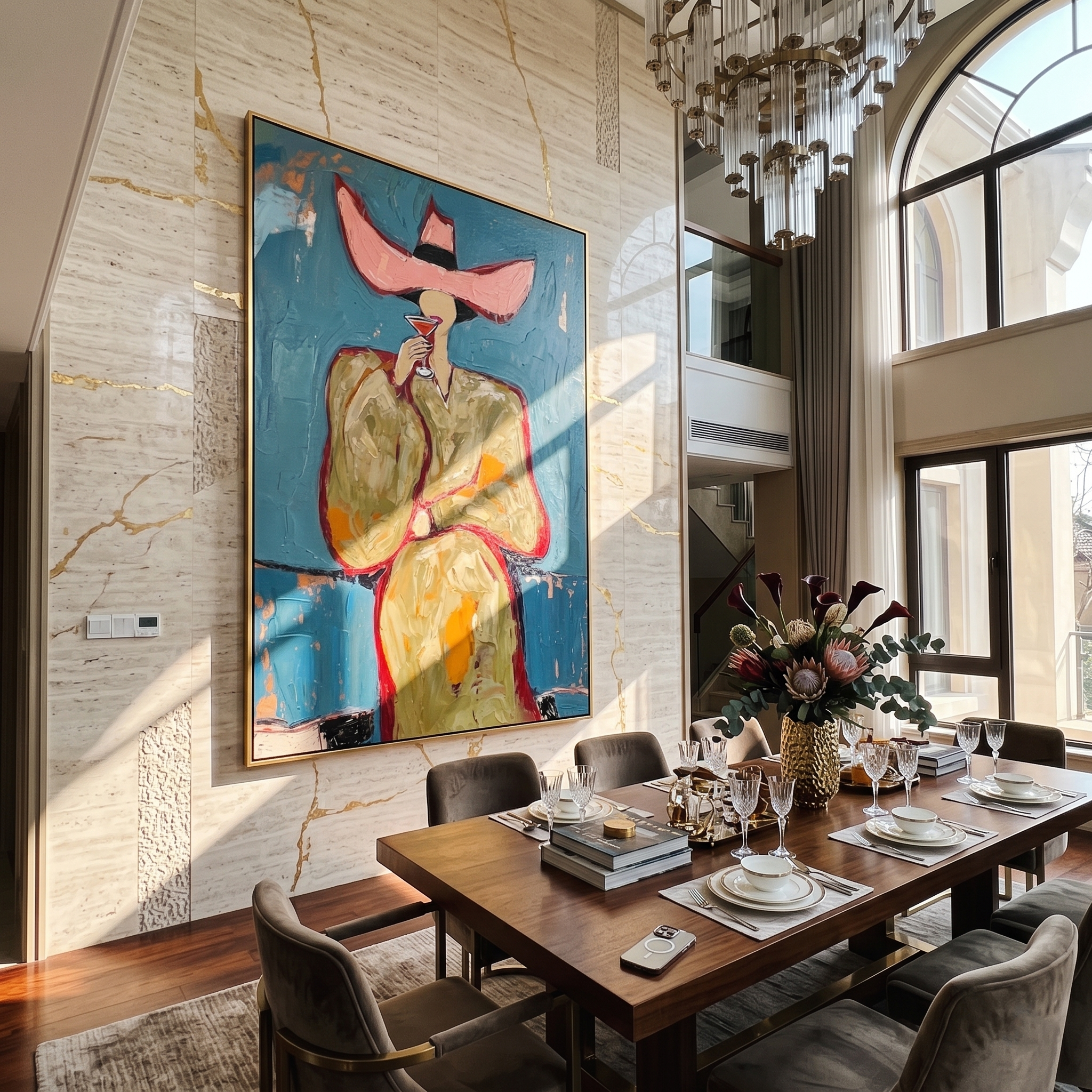 Pink Hat Sips Blue — Pink-Hat Cocktail Woman Painting | Retro Modern Vertical Wall Art – blue and brown and gold retro modern fashion art, vertical hand-painted canvas art – view 5