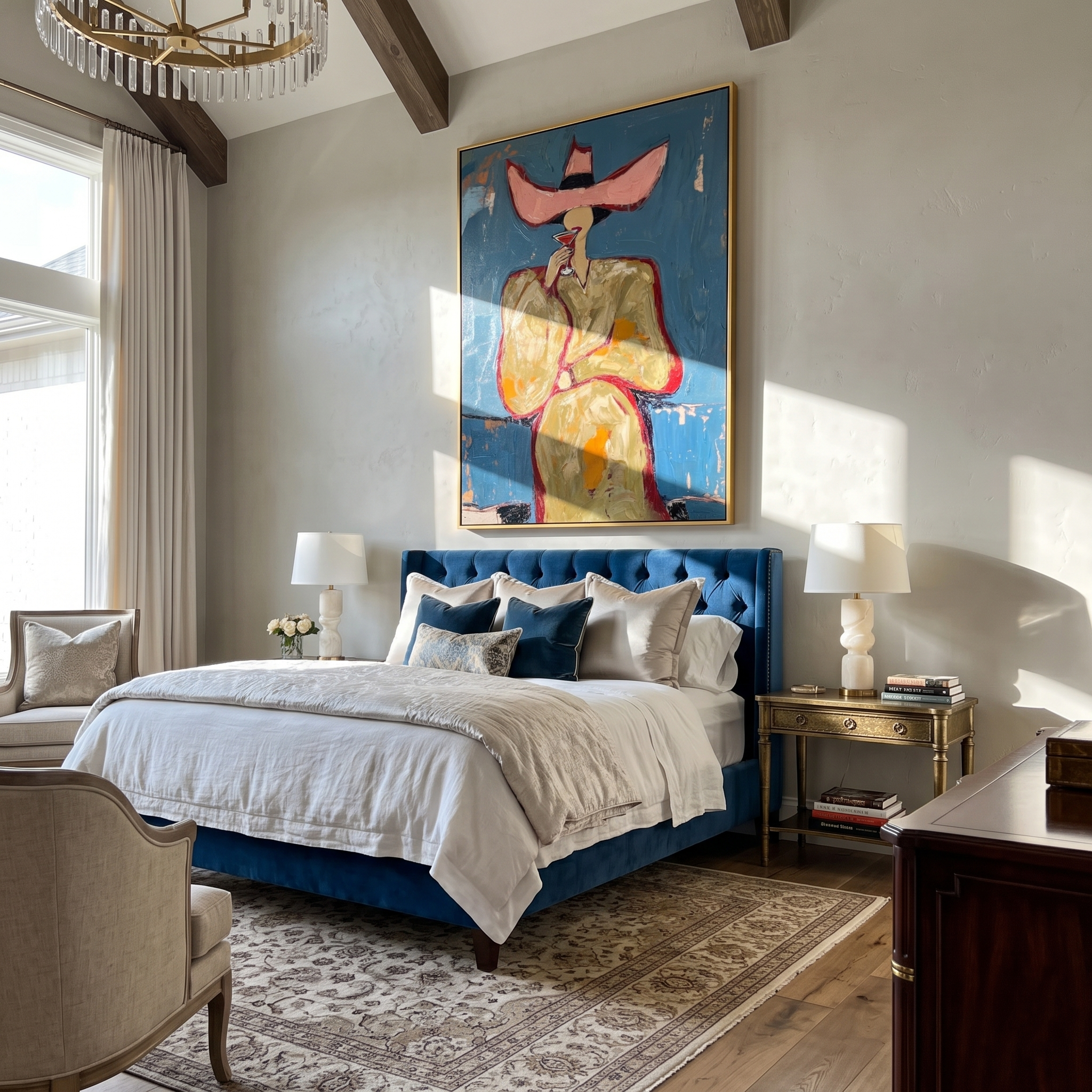 Pink Hat Sips Blue — Pink-Hat Cocktail Woman Painting | Retro Modern Vertical Wall Art – blue and brown and gold retro modern fashion art, vertical hand-painted canvas art – view 6