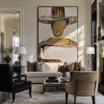 Gilded Brim Holds Still – gold and brown faceless fashion figure painting, retro modern vertical wall art – view 2