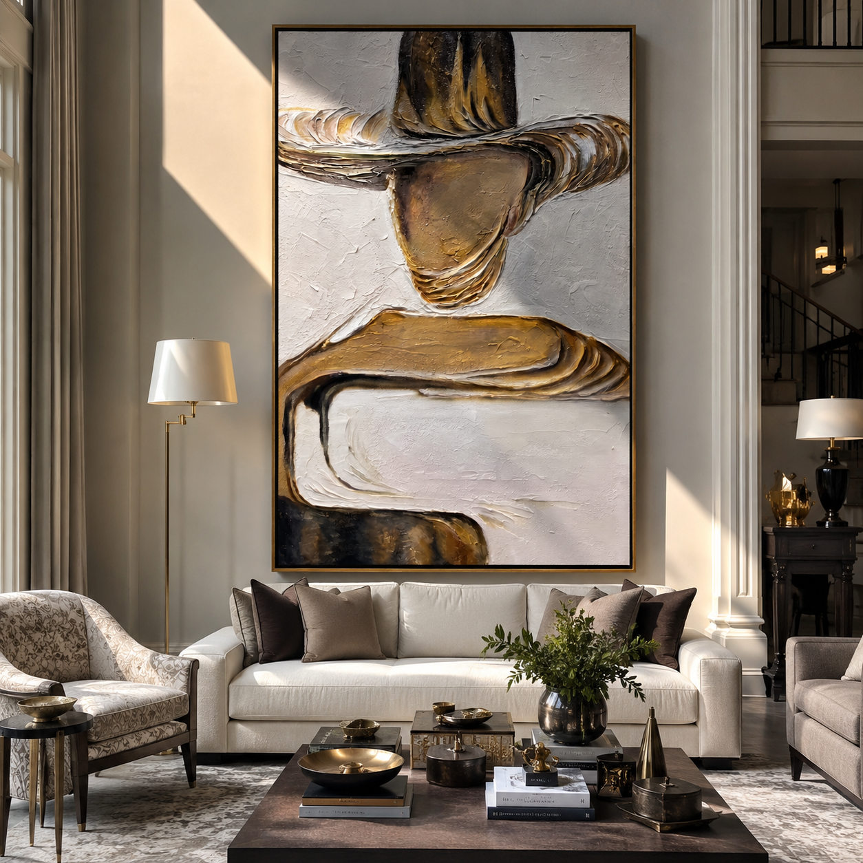 Gilded Brim Holds Still – gold and brown faceless fashion figure painting, retro modern vertical wall art – view 3