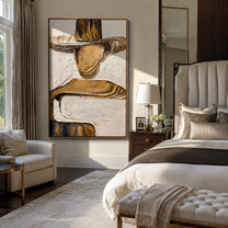 Gilded Brim Holds Still – gold and brown faceless fashion figure painting, retro modern vertical wall art – view 5