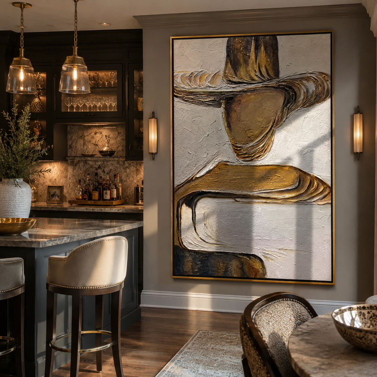Gilded Brim Holds Still – gold and brown faceless fashion figure painting, retro modern vertical wall art – view 6