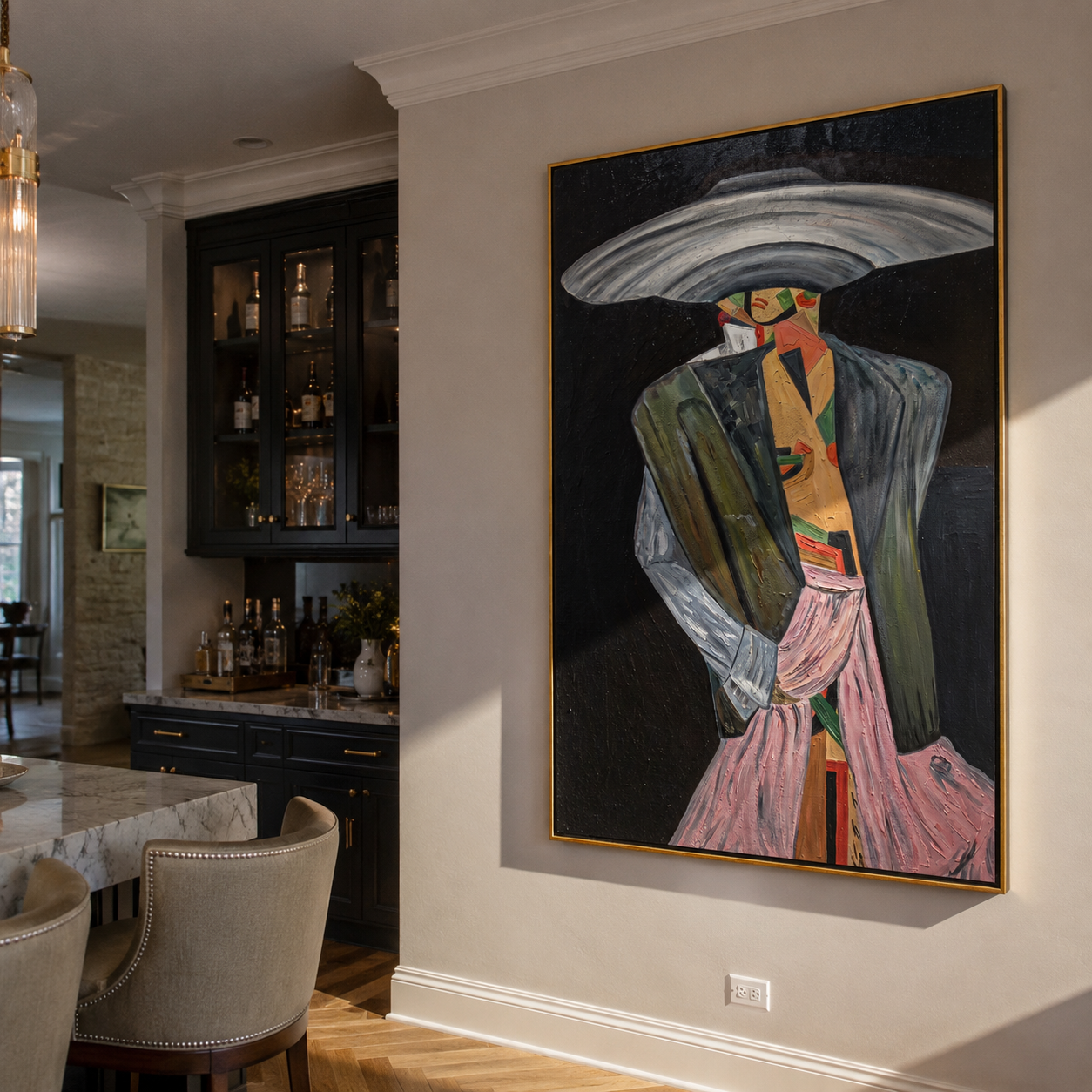 Silver Brim Takes Stage – gray black and pink faceless fashion figure painting, retro modern vertical wall art – view 2