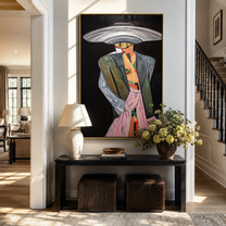 Silver Brim Takes Stage – gray black and pink faceless fashion figure painting, retro modern vertical wall art – view 3