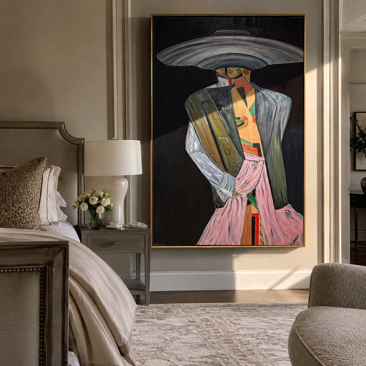 Silver Brim Takes Stage – gray black and pink faceless fashion figure painting, retro modern vertical wall art – view 4