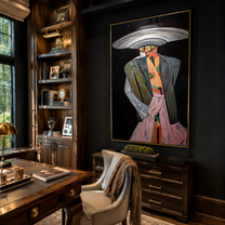 Silver Brim Takes Stage – gray black and pink faceless fashion figure painting, retro modern vertical wall art – view 5