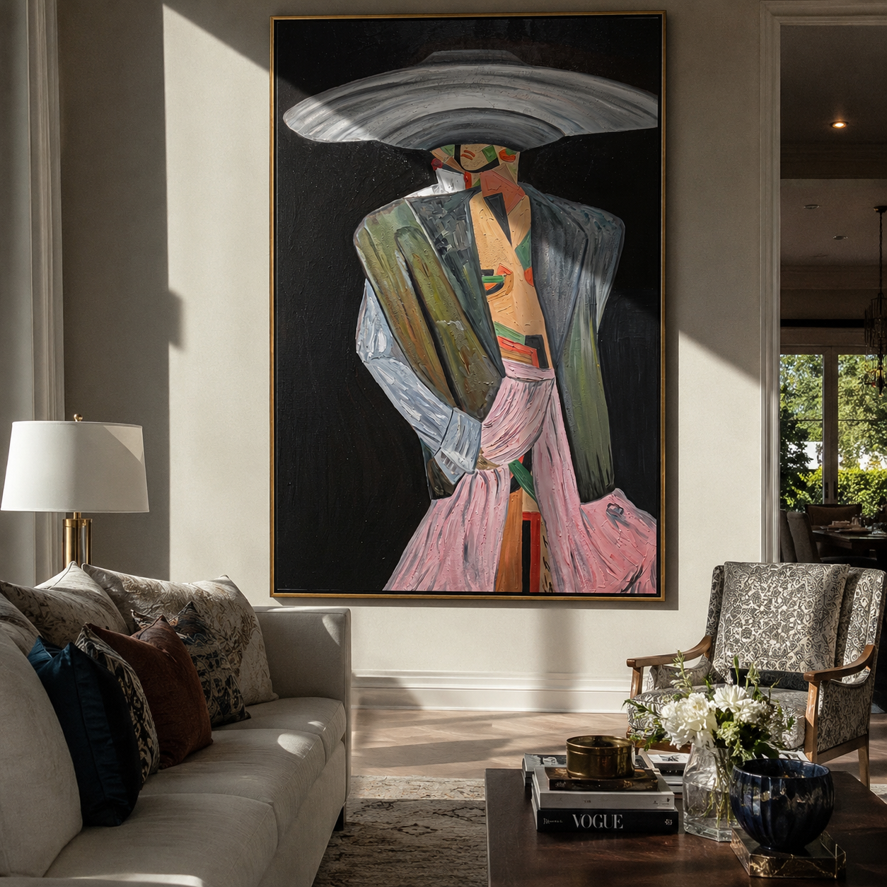 Silver Brim Takes Stage – gray black and pink faceless fashion figure painting, retro modern vertical wall art – view 6