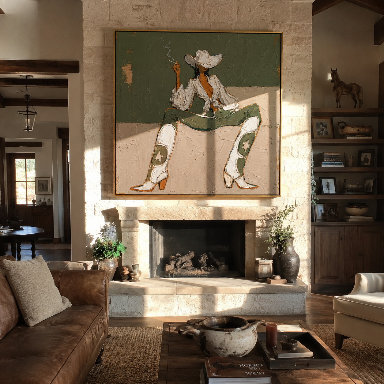 White Boots Hold Ground – green and white modern cowgirl painting, retro modern square wall art – view 4