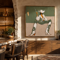 White Boots Hold Ground – green and white modern cowgirl painting, retro modern square wall art – view 6