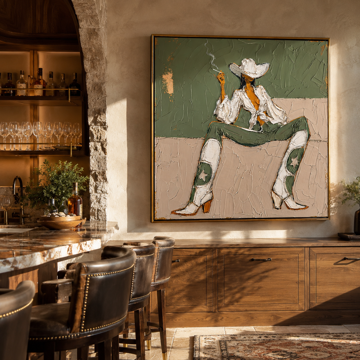 White Boots Hold Ground – green and white modern cowgirl painting, retro modern square wall art – view 6