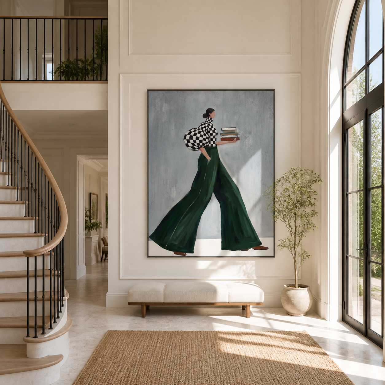 Books Cross the Green Hem - book-carrying woman painting by Marcus Lau, retro modern vertical wall art – styled room scene view 1
