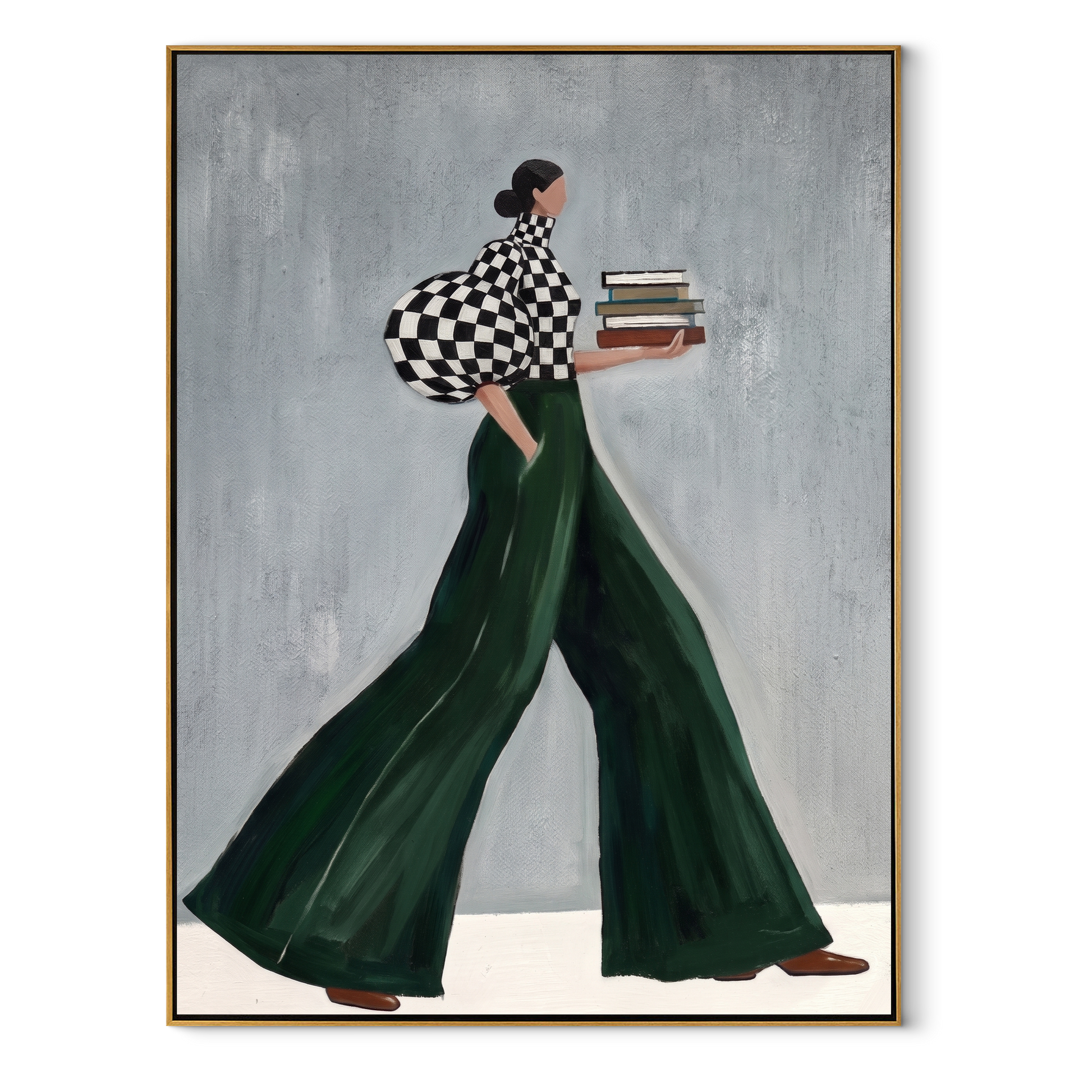 Books Cross the Green Hem - book-carrying woman painting by Marcus Lau, retro modern vertical wall art – wood frame on white background