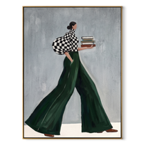 Books Cross the Green Hem - book-carrying woman painting by Marcus Lau, retro modern vertical wall art – wood frame on white background