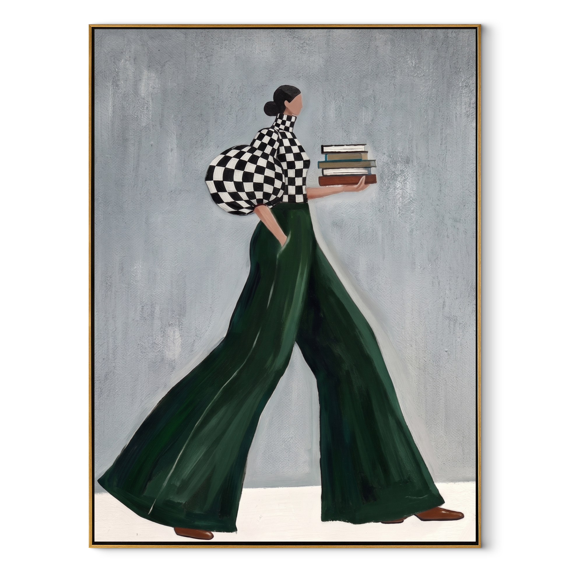 Books Cross the Green Hem - book-carrying woman painting by Marcus Lau, retro modern vertical wall art – wood frame on white background