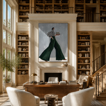 Books Cross the Green Hem - book-carrying woman painting by Marcus Lau, retro modern vertical wall art – styled room scene view 2