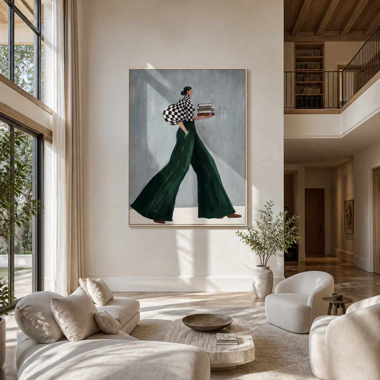 Books Cross the Green Hem - book-carrying woman painting by Marcus Lau, retro modern vertical wall art – styled room scene view 3