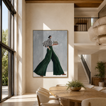 Books Cross the Green Hem - book-carrying woman painting by Marcus Lau, retro modern vertical wall art – styled room scene view 4