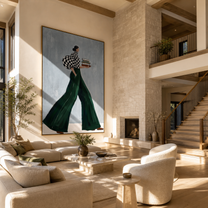 Books Cross the Green Hem - book-carrying woman painting by Marcus Lau, retro modern vertical wall art – styled room scene view 5