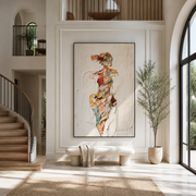 Fragments Dress the Quiet Figure - abstract fashion figure painting by Marcus Lau, retro modern vertical wall art – styled room scene view 1