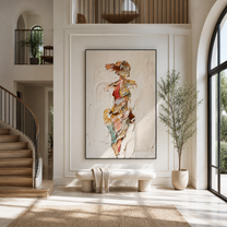 Fragments Dress the Quiet Figure - abstract fashion figure painting by Marcus Lau, retro modern vertical wall art – styled room scene view 1