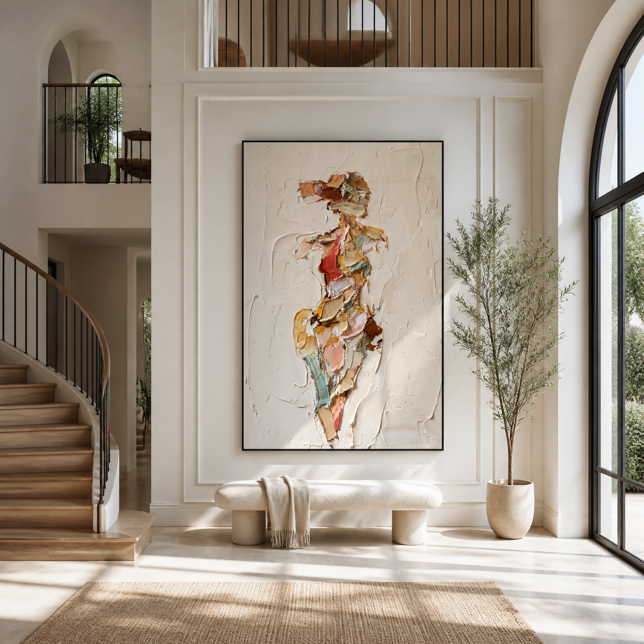 Fragments Dress the Quiet Figure - abstract fashion figure painting by Marcus Lau, retro modern vertical wall art – styled room scene view 1