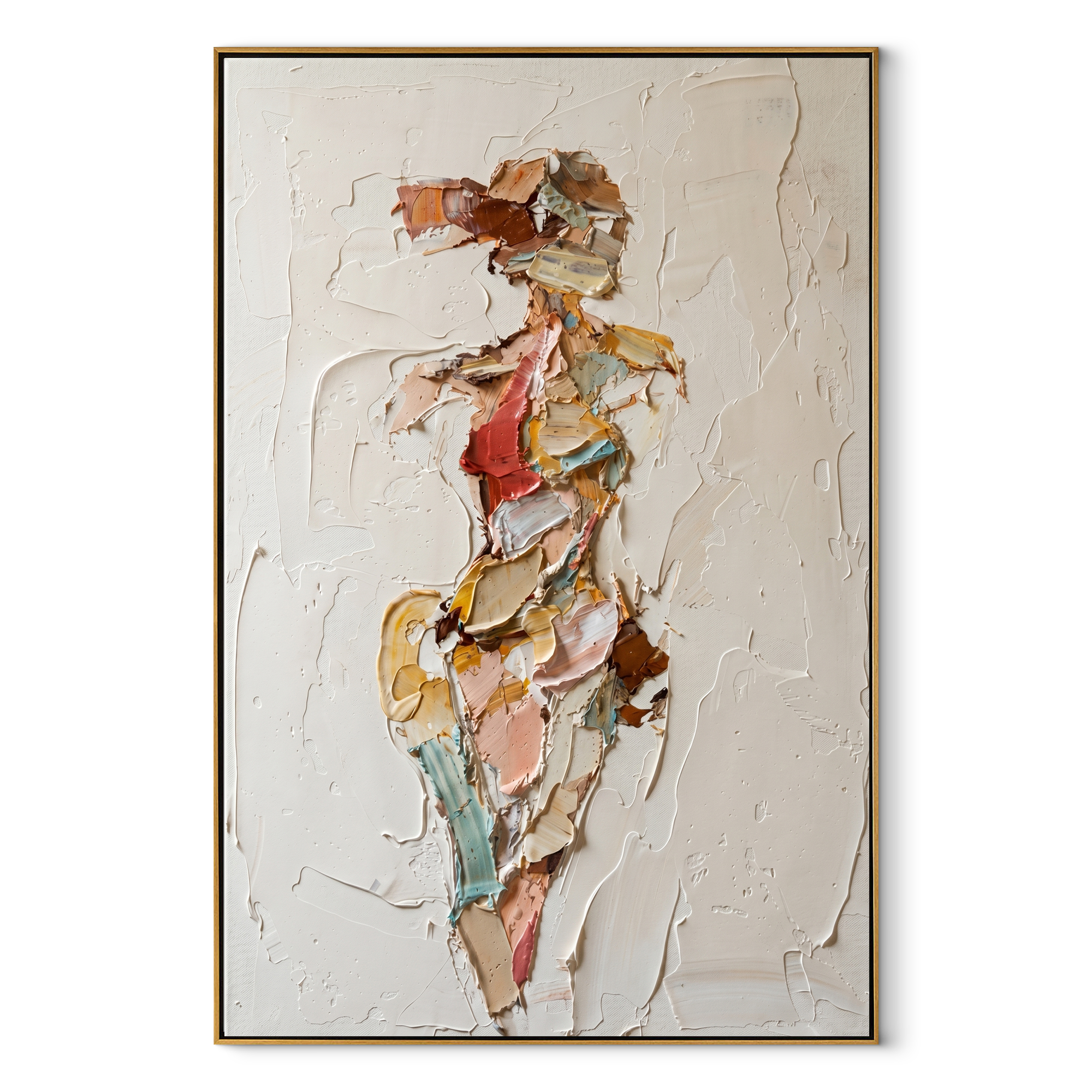 Fragments Dress the Quiet Figure - abstract fashion figure painting by Marcus Lau, retro modern vertical wall art – wood frame on white background