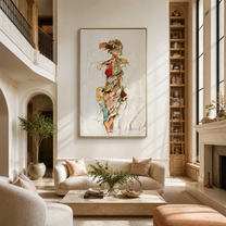 Fragments Dress the Quiet Figure - abstract fashion figure painting by Marcus Lau, retro modern vertical wall art – styled room scene view 2