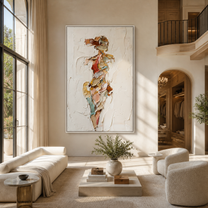 Fragments Dress the Quiet Figure - abstract fashion figure painting by Marcus Lau, retro modern vertical wall art – styled room scene view 3