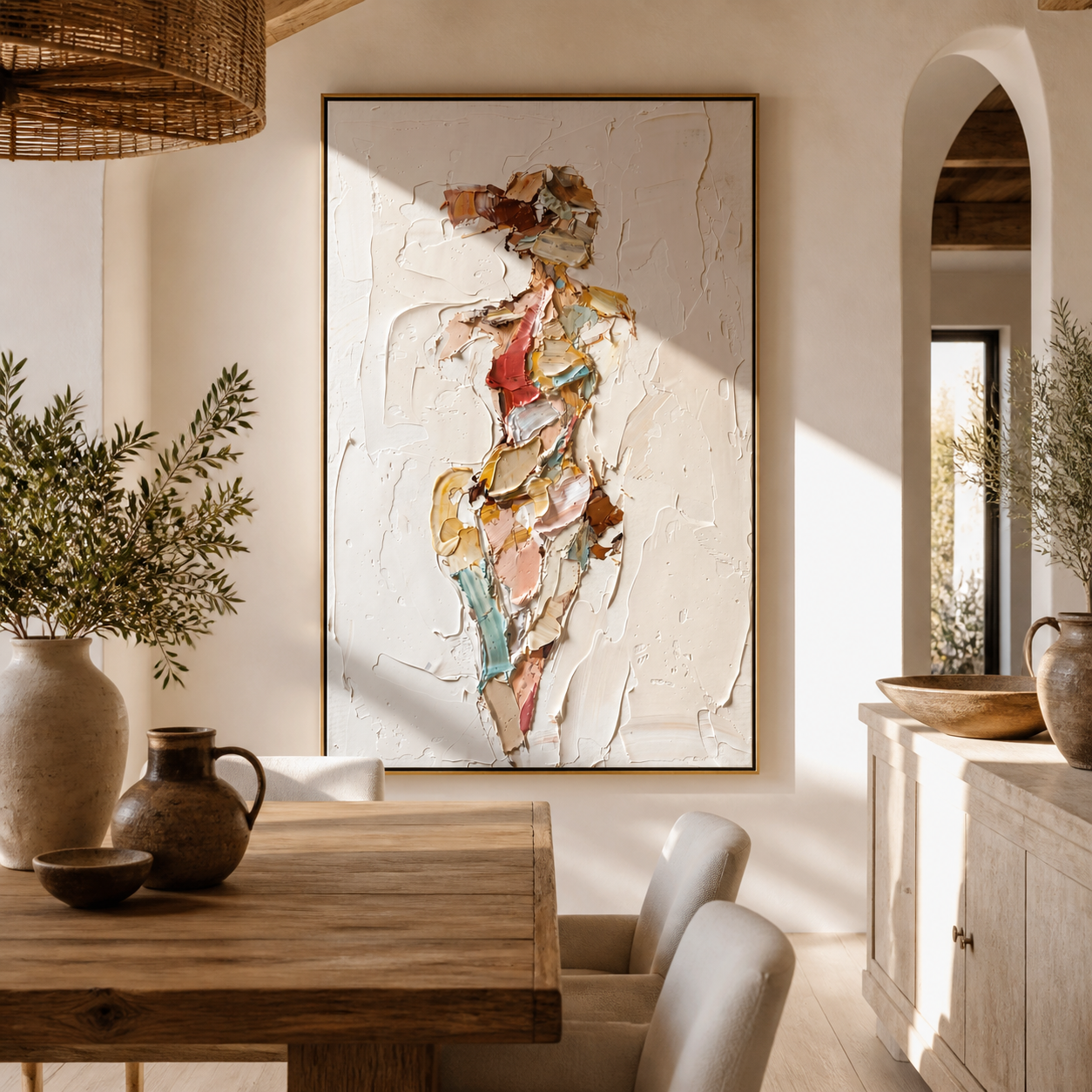 Fragments Dress the Quiet Figure - abstract fashion figure painting by Marcus Lau, retro modern vertical wall art – styled room scene view 4